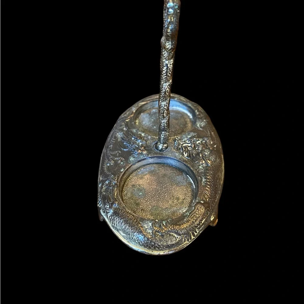 Vintage Japanese Dragon Silver Salt Cellar Caddy Tray • Repousse Antique